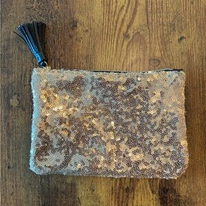 Soft Gold Sequin Make up Bag with vegan leather back & tassel